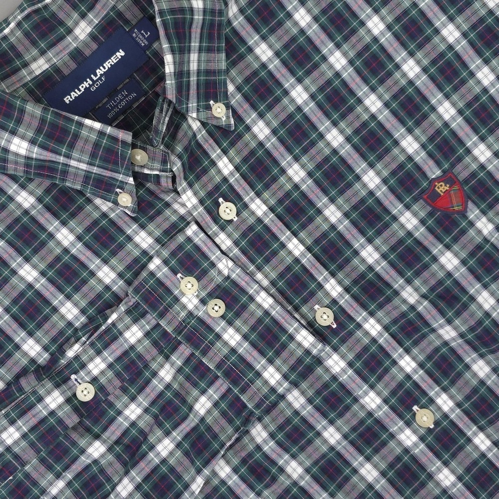 Ralph Lauren Golf Shirt Mens Large Green Plaid Tilden Button Down Crest Cotton